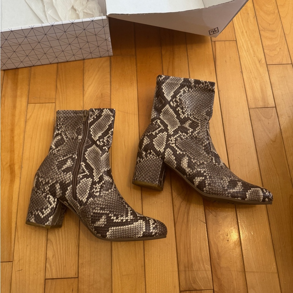 Brown Vegan Leather Snake Print Ankle Boots